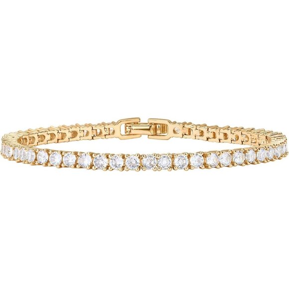 14K Gold Plated Tennis Bracelet with Cubic Zirconia For Women's - Picture 1 of 7